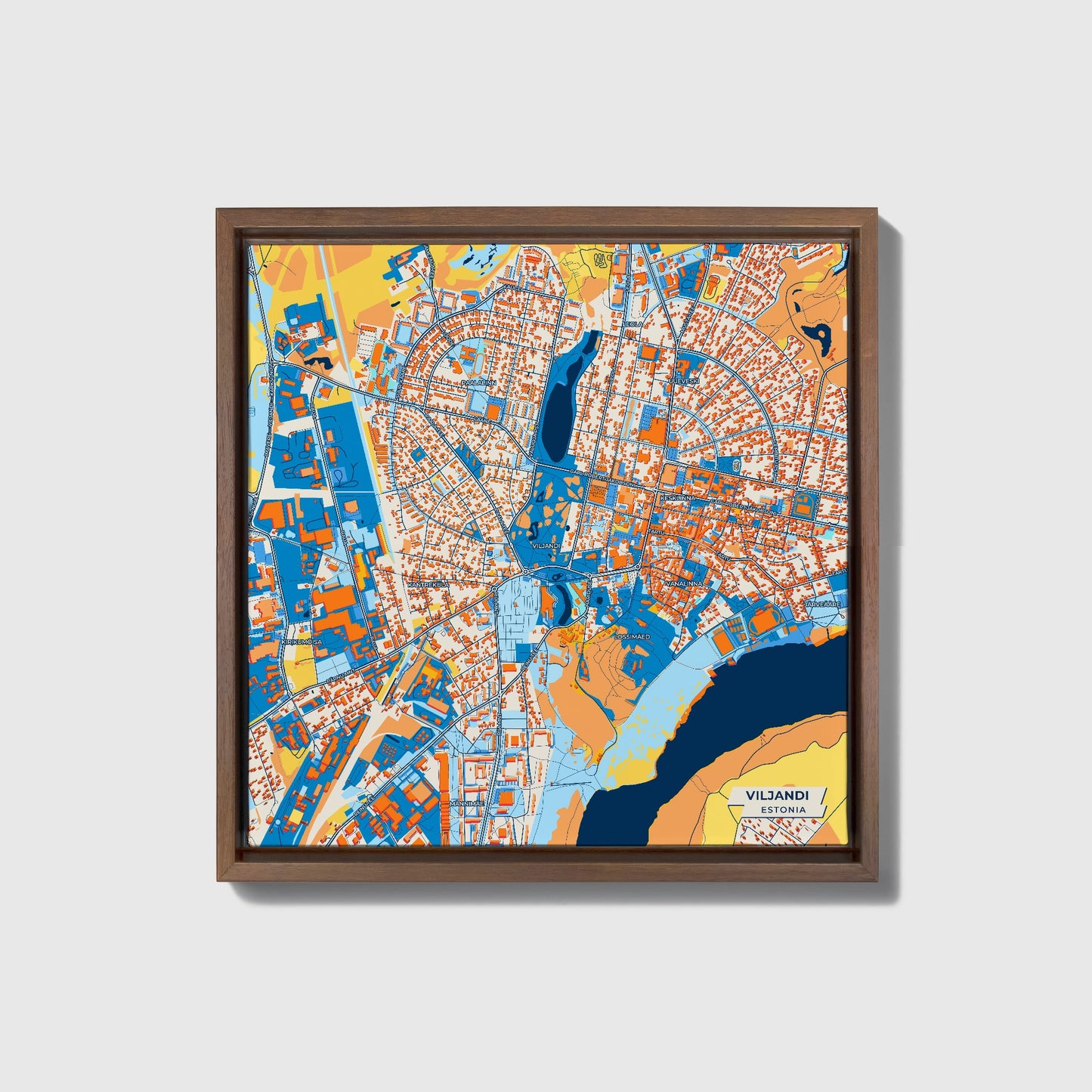 Viljandi Estonia Colorful City Map Canvas Print • Dark Wooden Framed