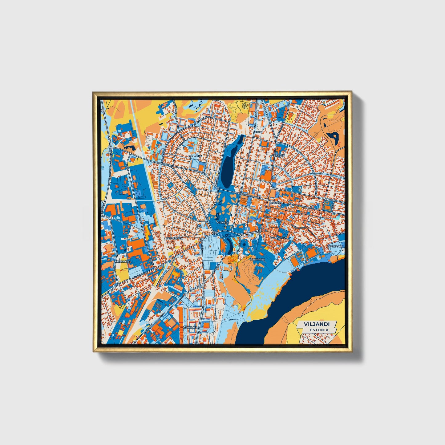 Viljandi Estonia Colorful City Map Canvas Print • Gold Framed
