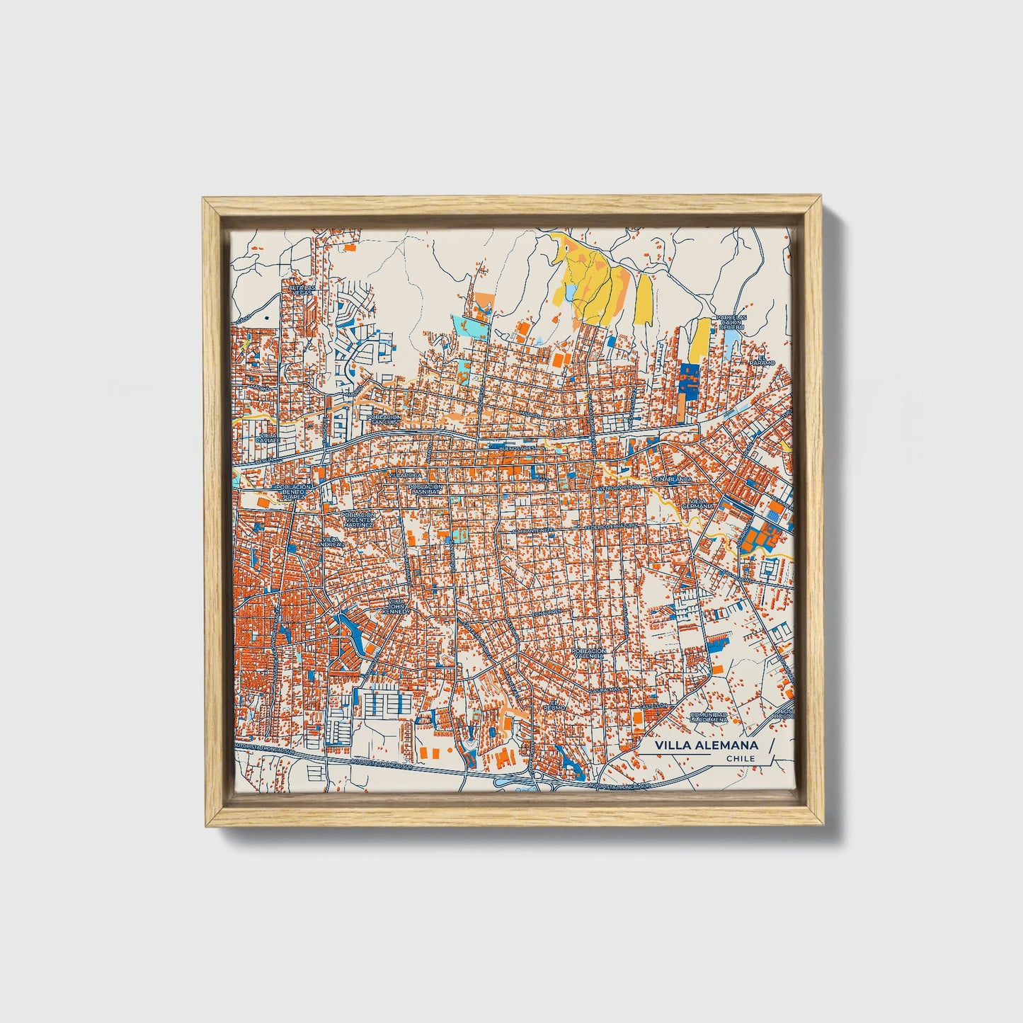 Villa Alemana Chile Colorful City Map Canvas Print • Natural Wooden Framed