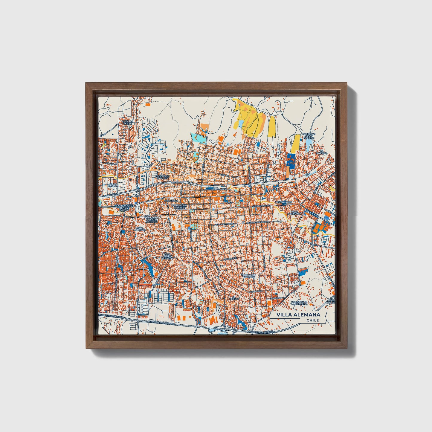 Villa Alemana Chile Colorful City Map Canvas Print • Dark Wooden Framed