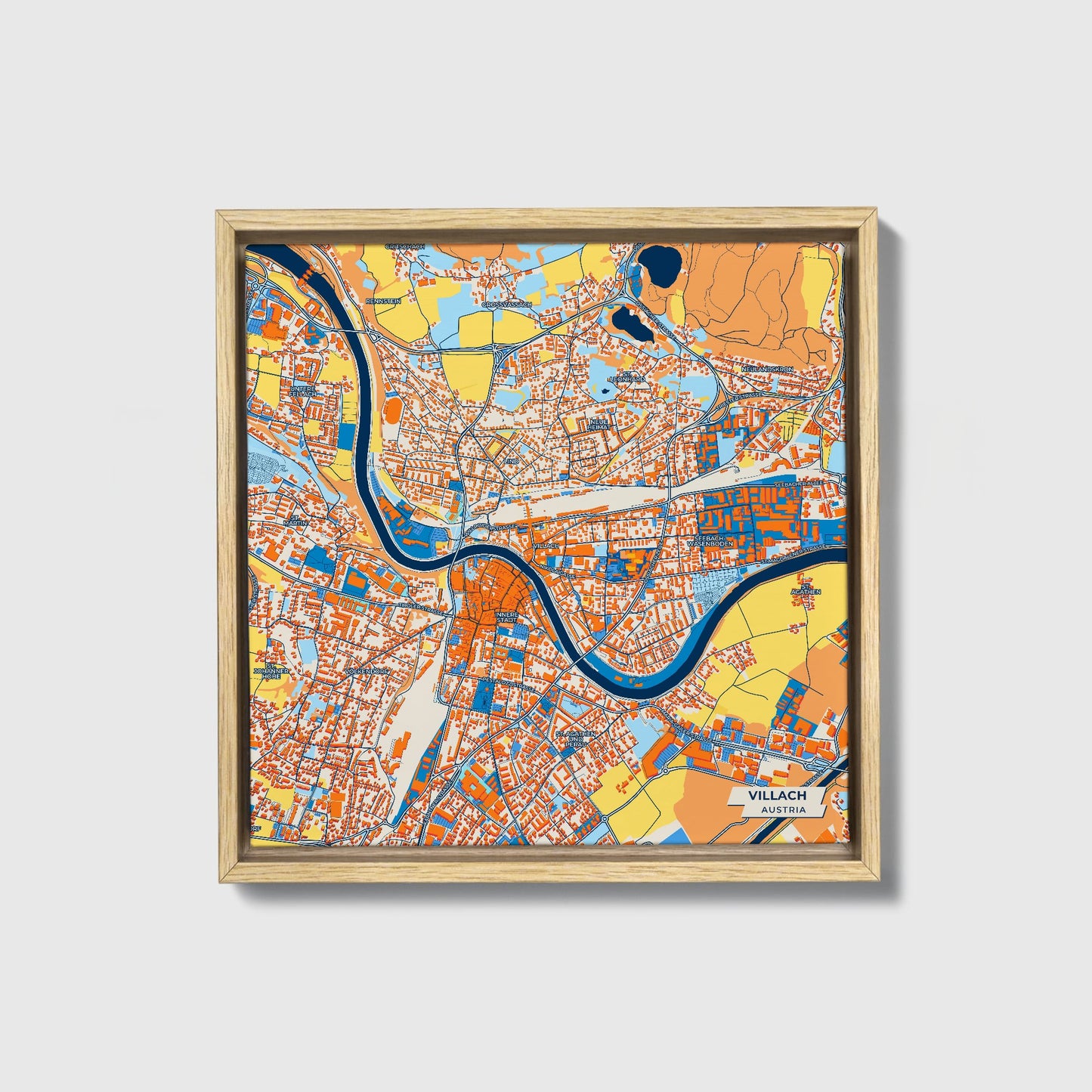 Villach Austria Colorful City Map Canvas Print • Natural Wooden Framed