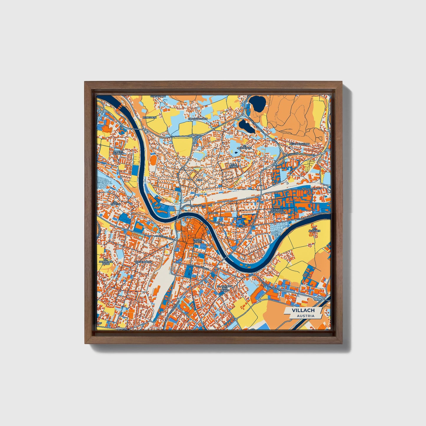 Villach Austria Colorful City Map Canvas Print • Dark Wooden Framed