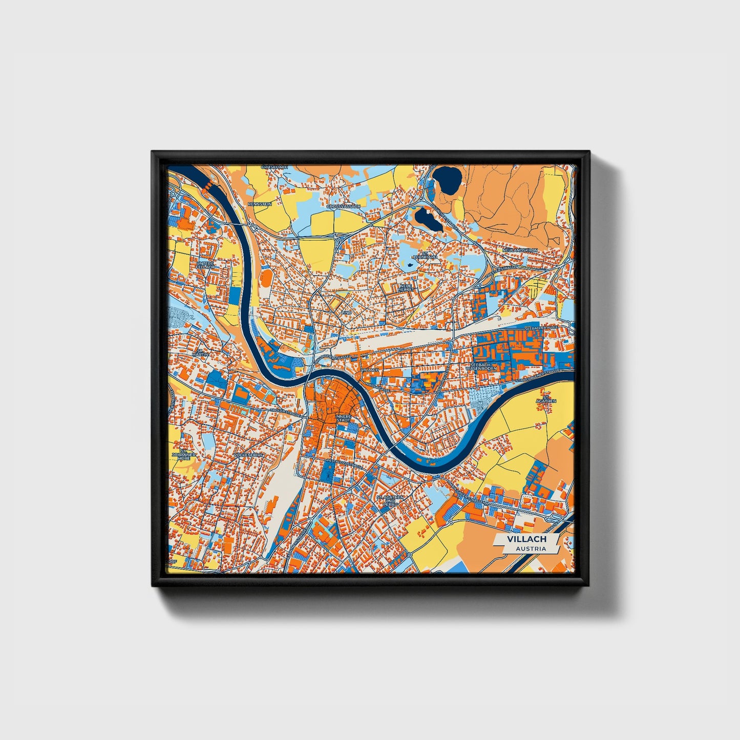 Villach Austria Colorful City Map Canvas Print • Black Framed