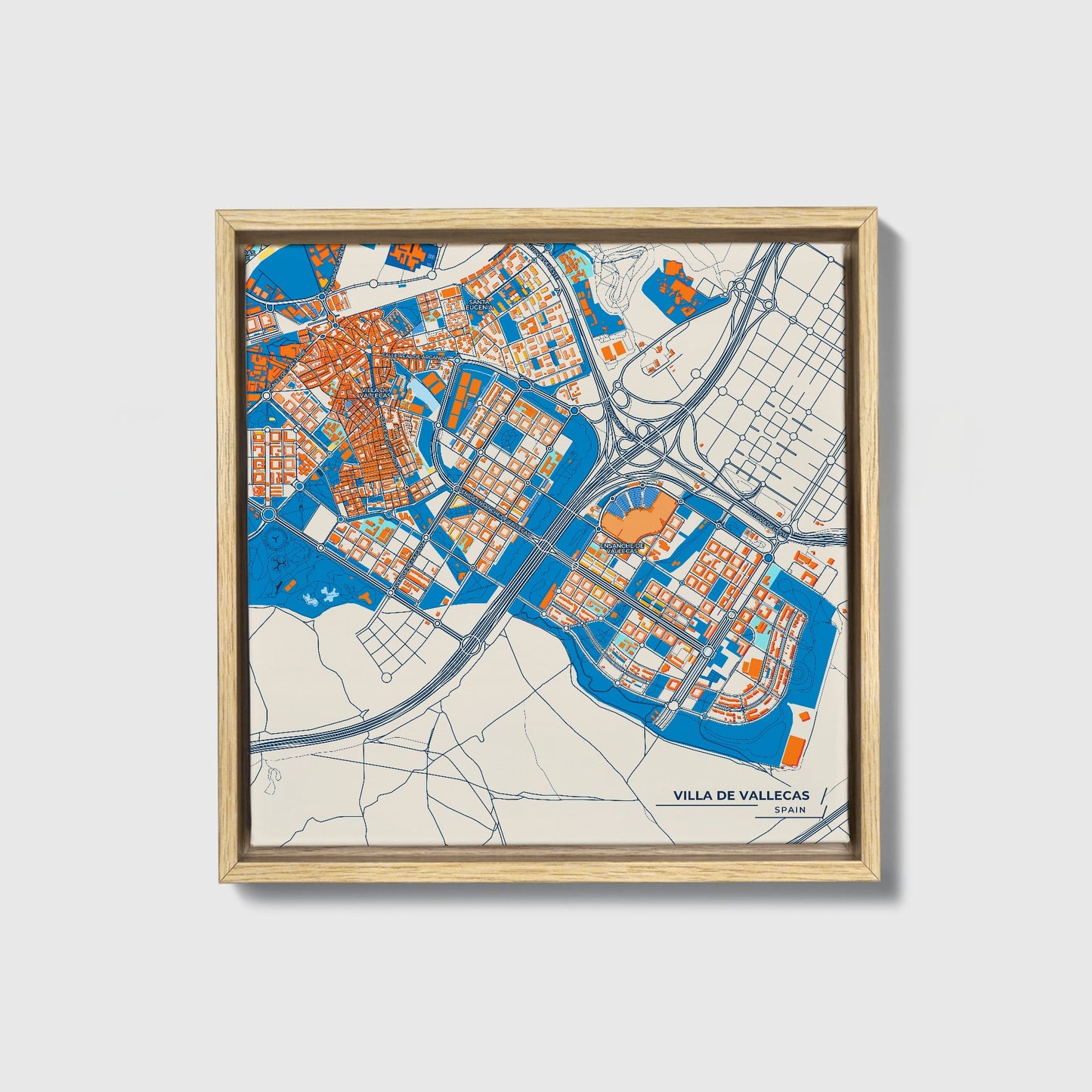 Villa De Vallecas Spain Colorful City Map Canvas Print • Natural Wooden Framed