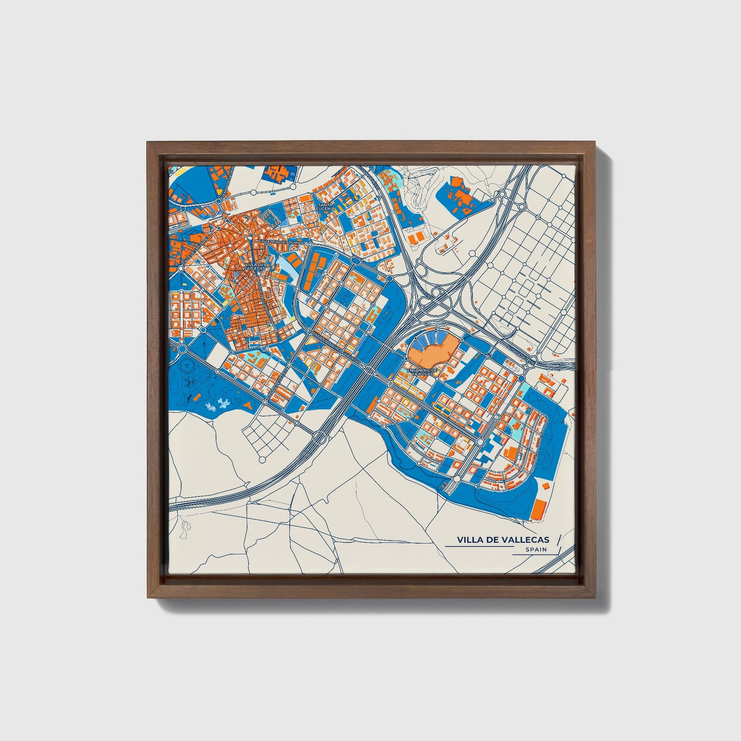 Villa De Vallecas Spain Colorful City Map Canvas Print • Dark Wooden Framed