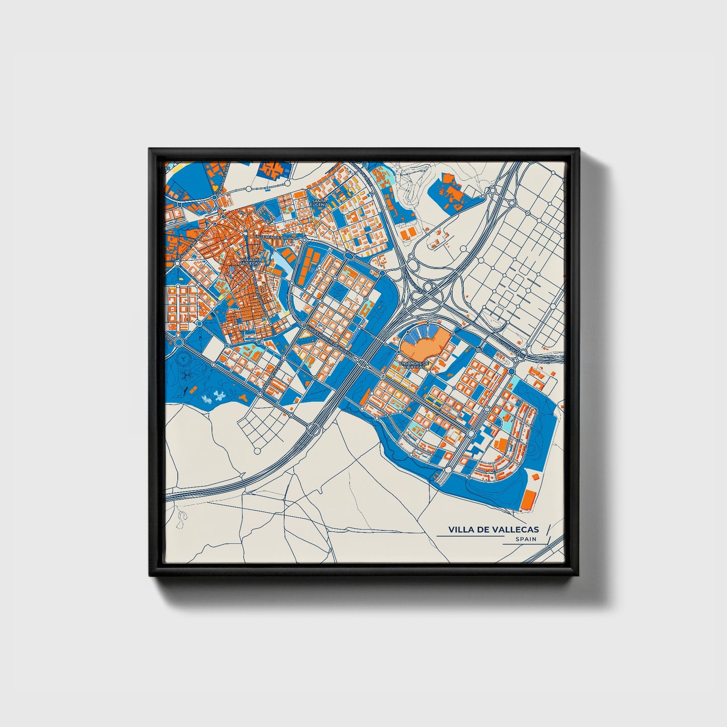 Villa De Vallecas Spain Colorful City Map Canvas Print • Black Framed