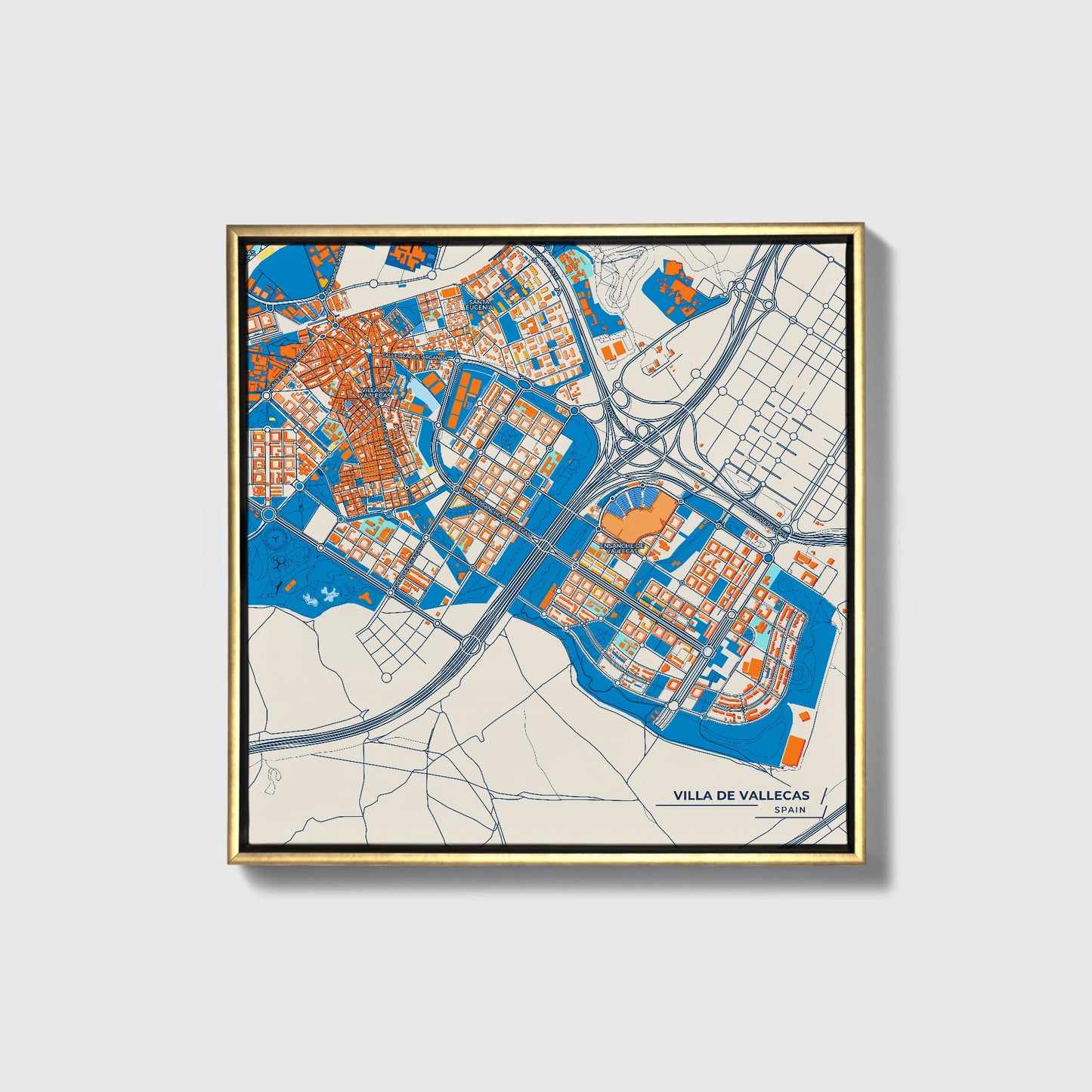 Villa De Vallecas Spain Colorful City Map Canvas Print • Gold Framed