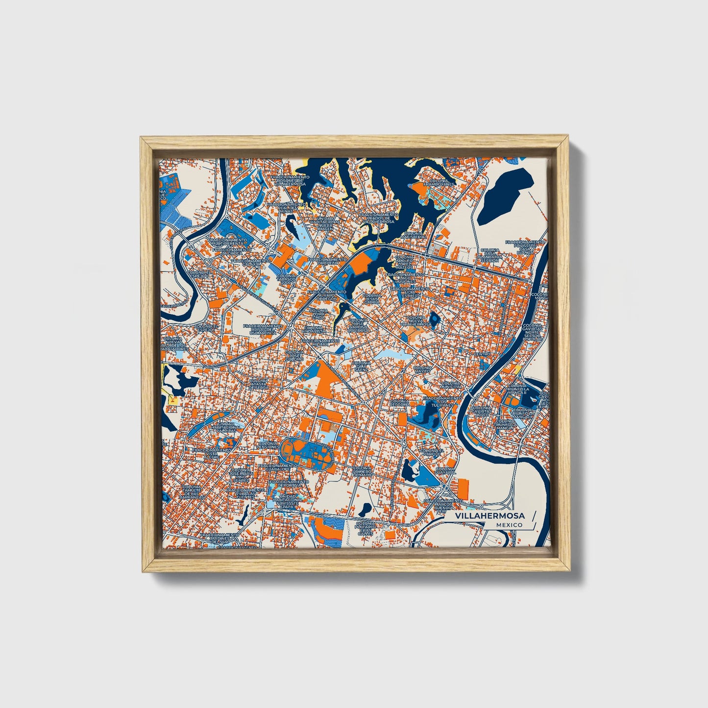 Villahermosa Mexico Colorful City Map Canvas Print • Natural Wooden Framed