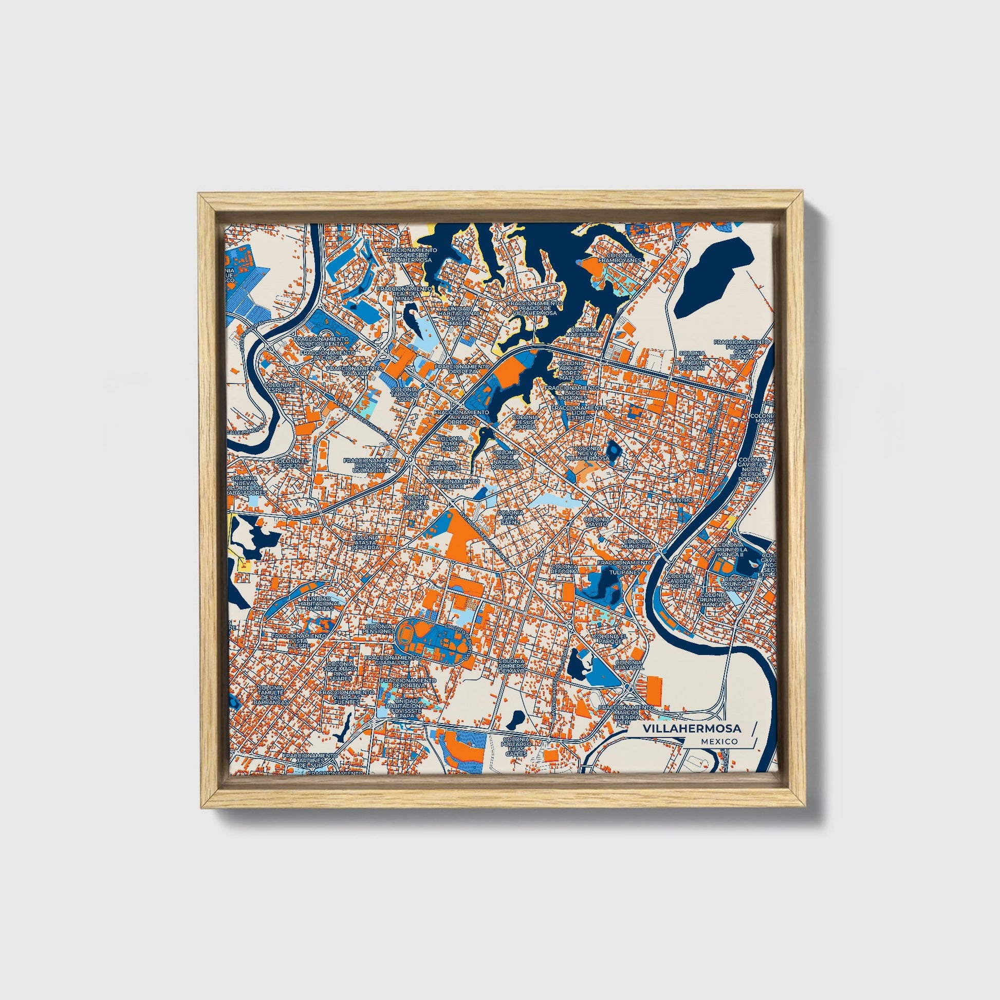 Villahermosa Mexico Colorful City Map Canvas Print • Natural Wooden Framed
