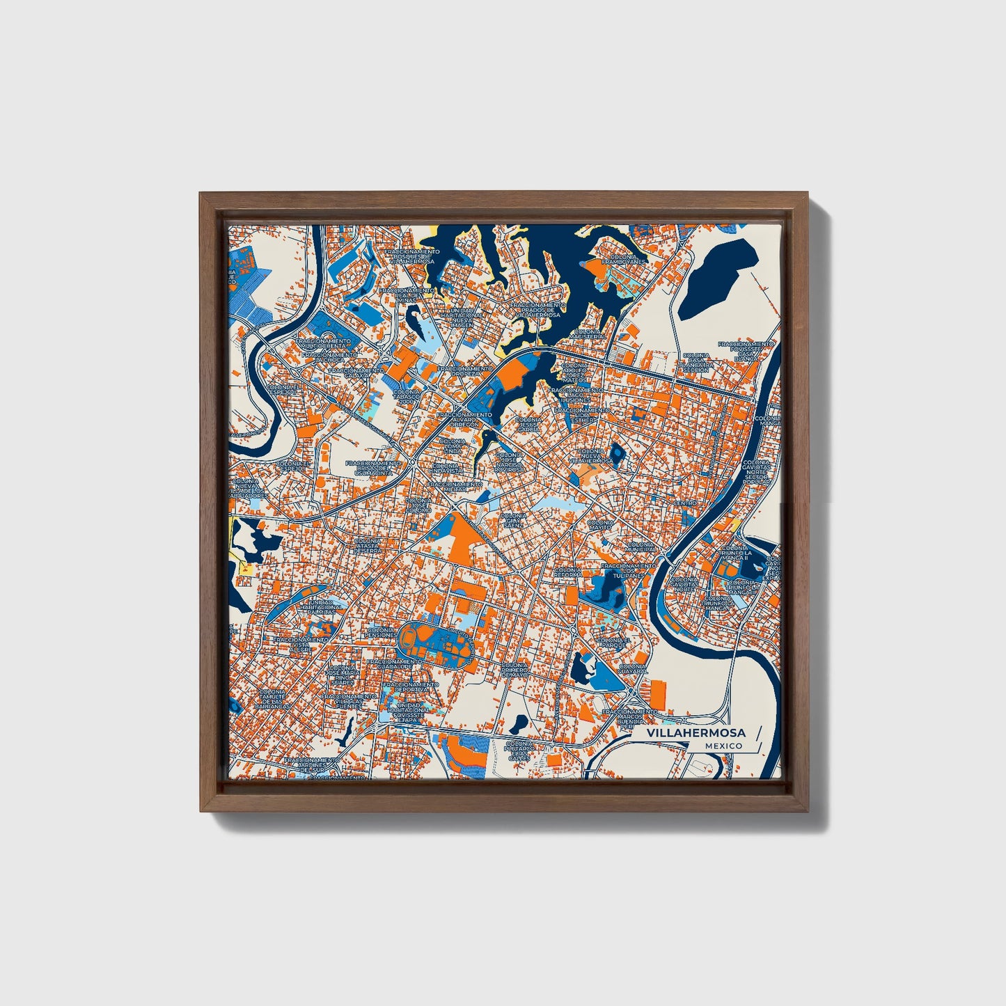 Villahermosa Mexico Colorful City Map Canvas Print • Dark Wooden Framed