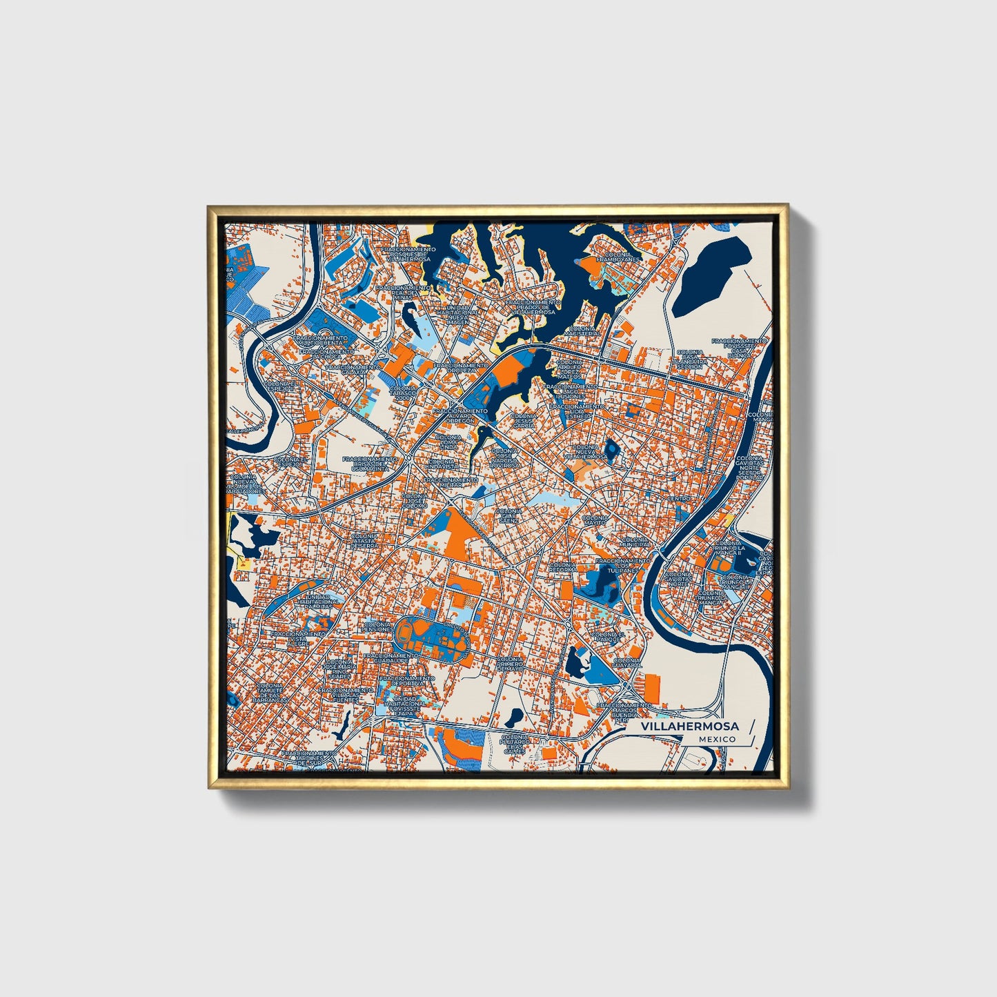 Villahermosa Mexico Colorful City Map Canvas Print • Gold Framed