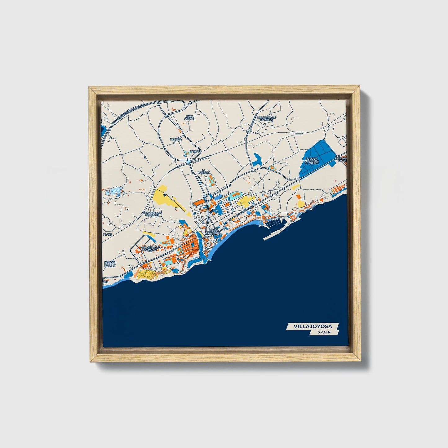 Villajoyosa Spain Colorful City Map Canvas Print • Natural Wooden Framed