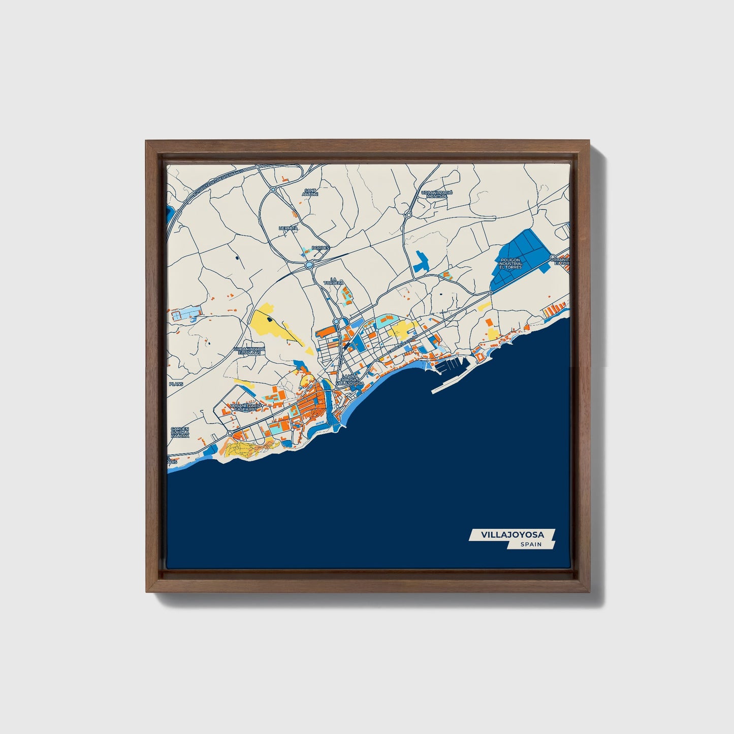 Villajoyosa Spain Colorful City Map Canvas Print • Dark Wooden Framed