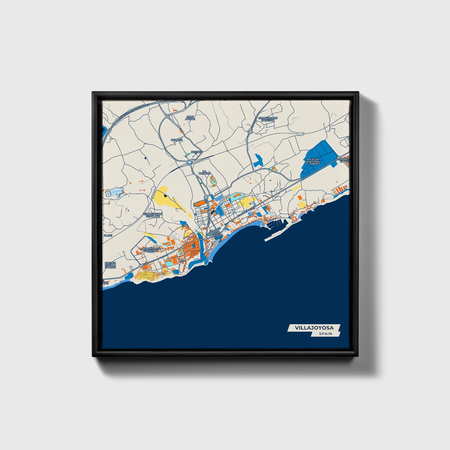 Villajoyosa Spain Colorful City Map Canvas Print • Black Framed