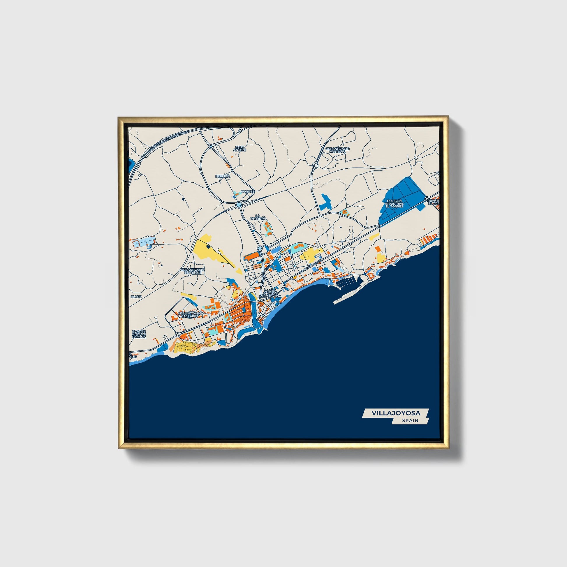 Villajoyosa Spain Colorful City Map Canvas Print • Gold Framed