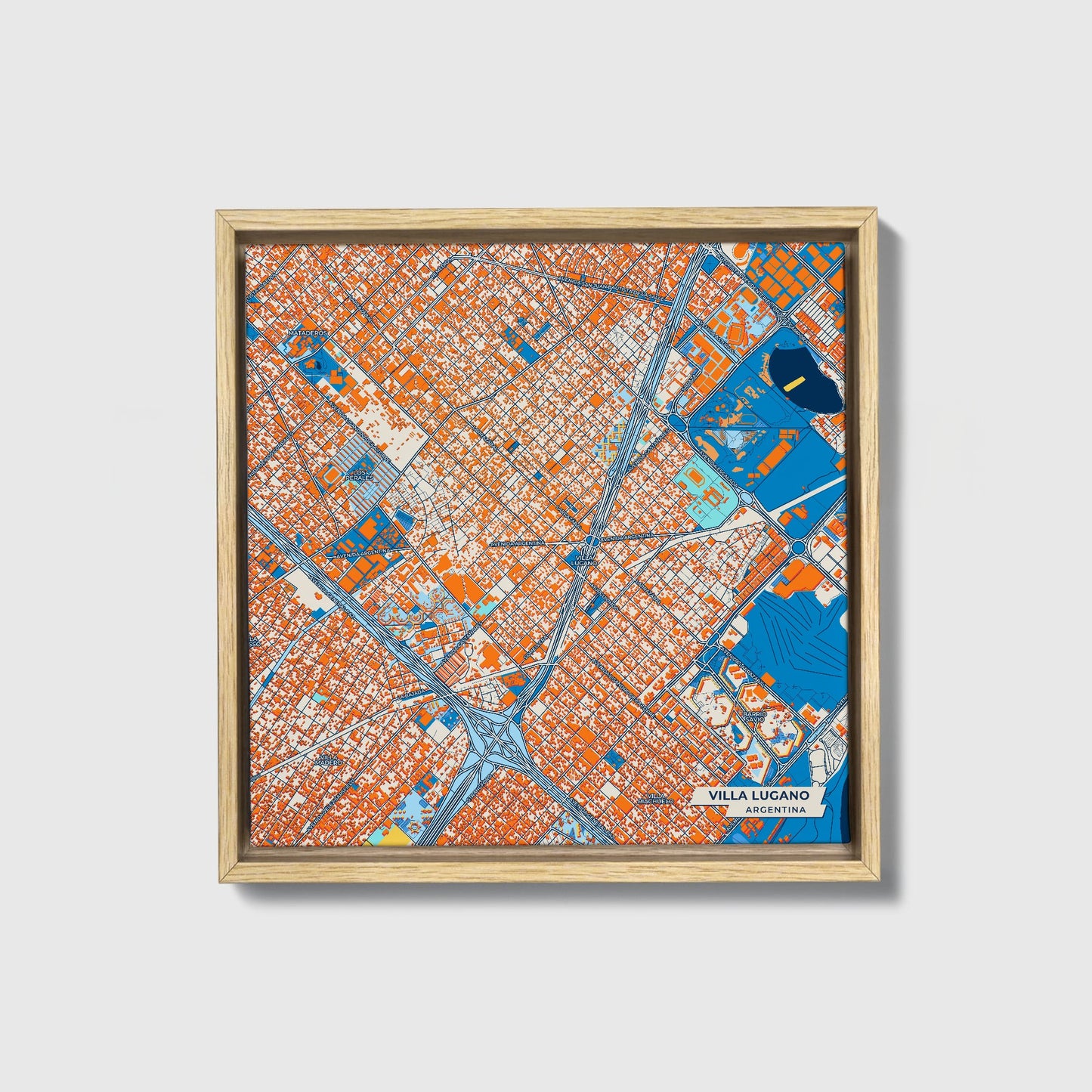 Villa Lugano Argentina Colorful City Map Canvas Print • Natural Wooden Framed