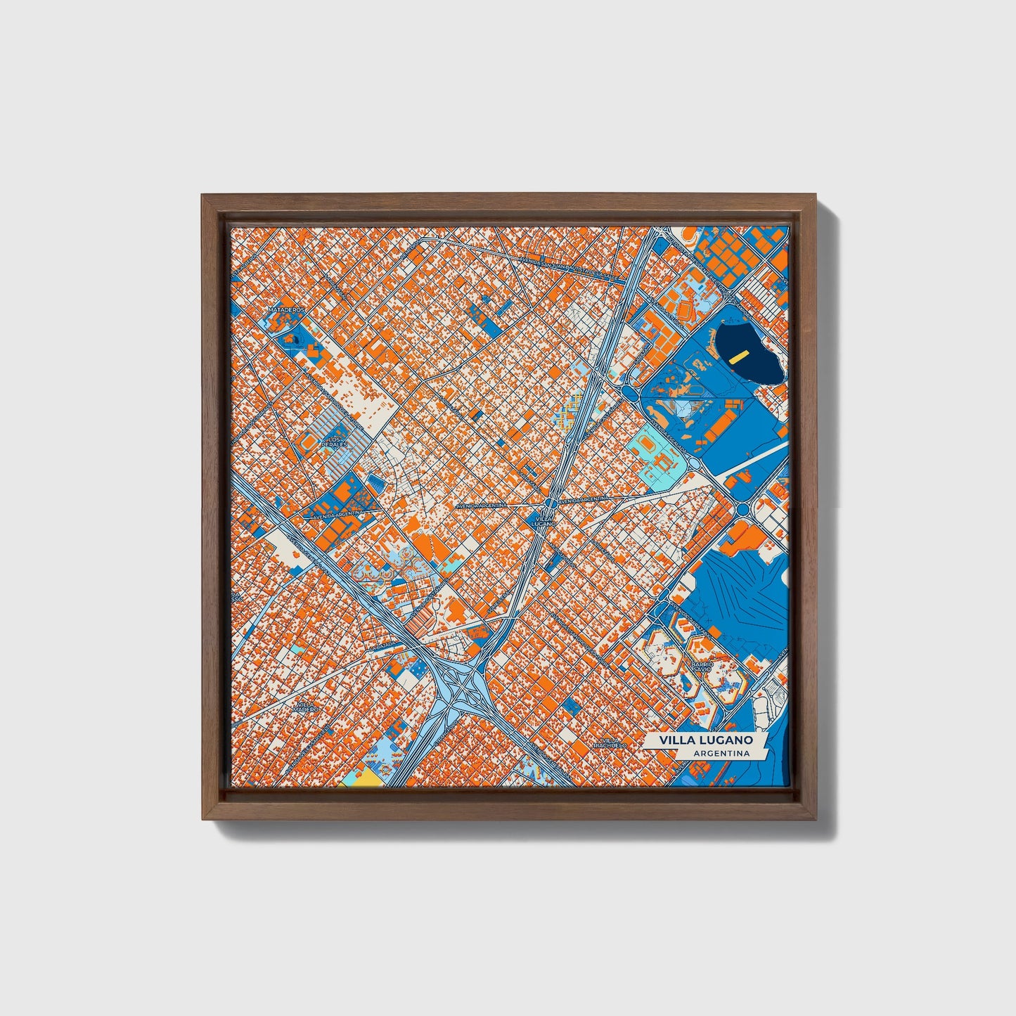 Villa Lugano Argentina Colorful City Map Canvas Print • Dark Wooden Framed