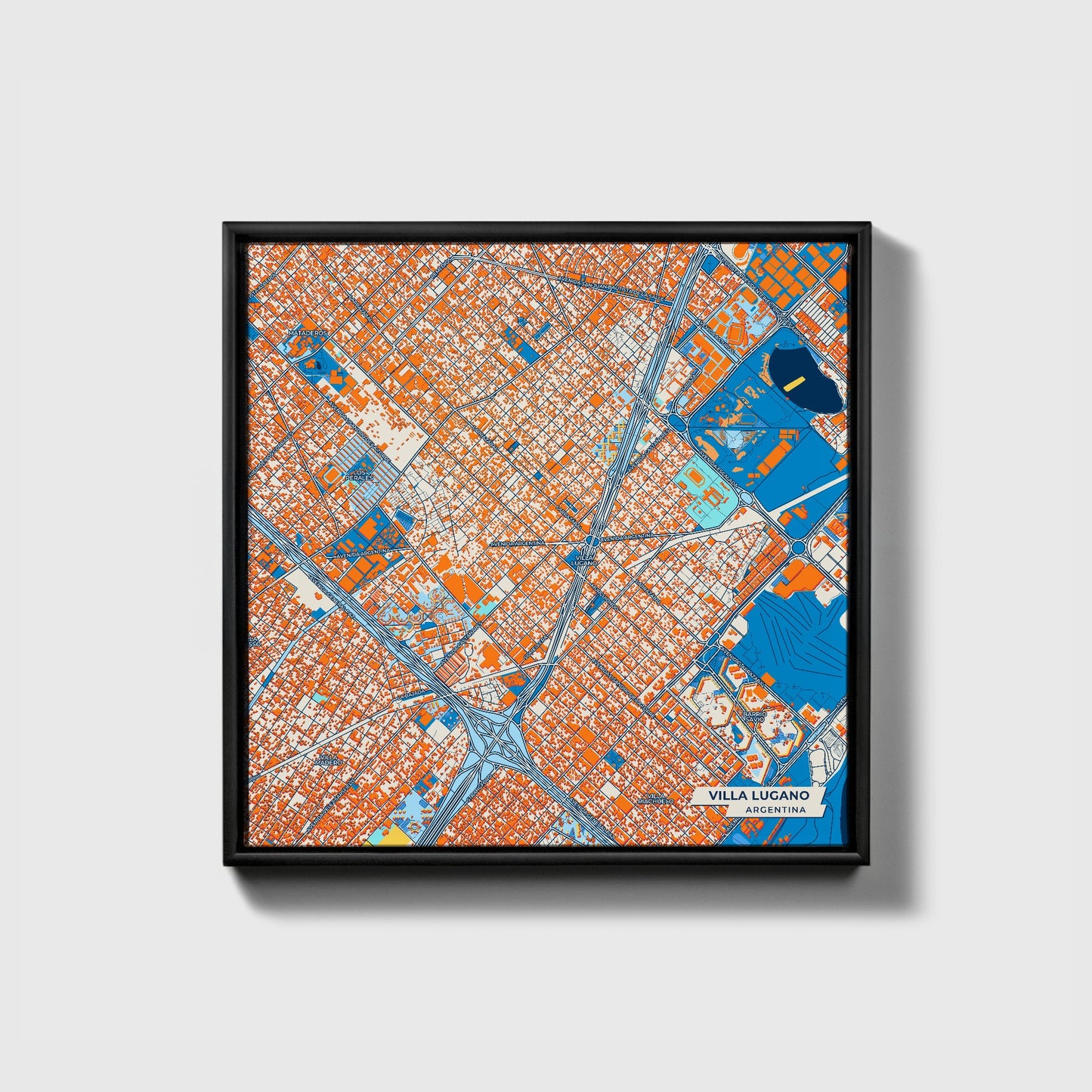 Villa Lugano Argentina Colorful City Map Canvas Print • Black Framed