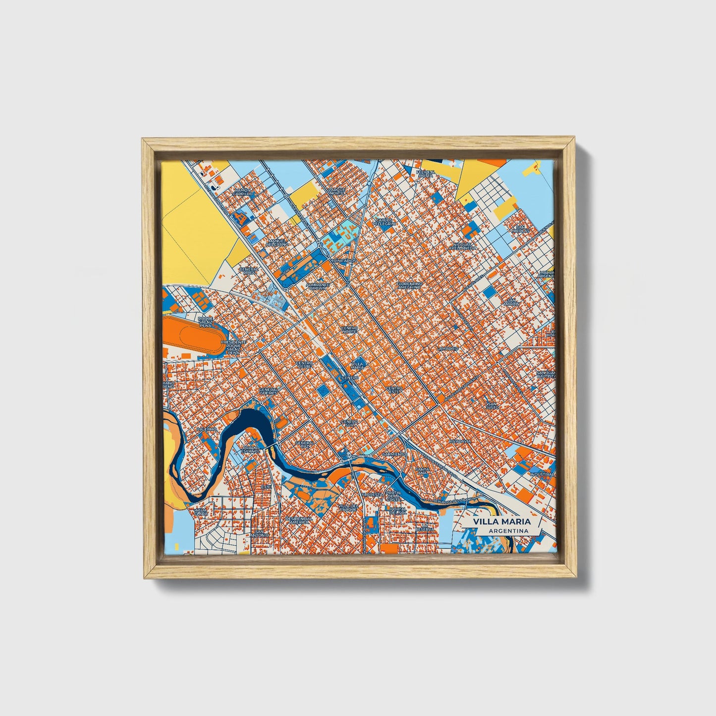 Villa Maria Argentina Colorful City Map Canvas Print • Natural Wooden Framed