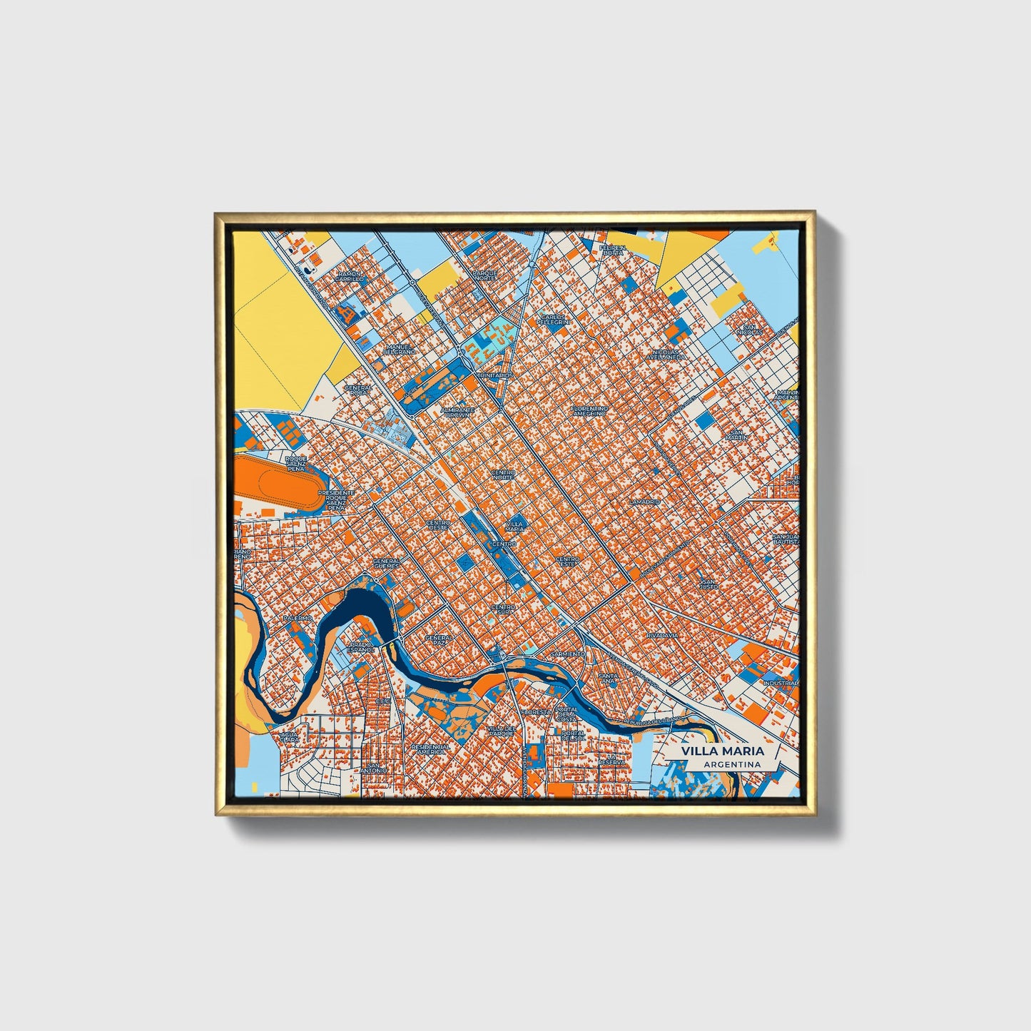 Villa Maria Argentina Colorful City Map Canvas Print • Gold Framed