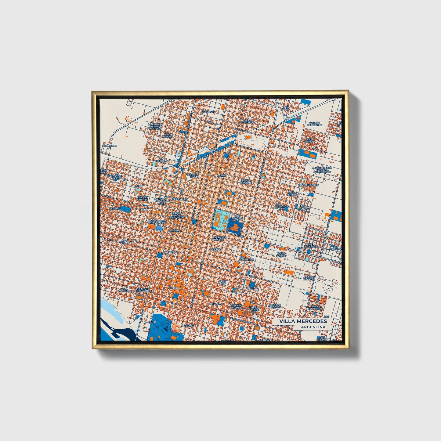 Villa Mercedes Argentina Colorful City Map Canvas Print • Gold Framed