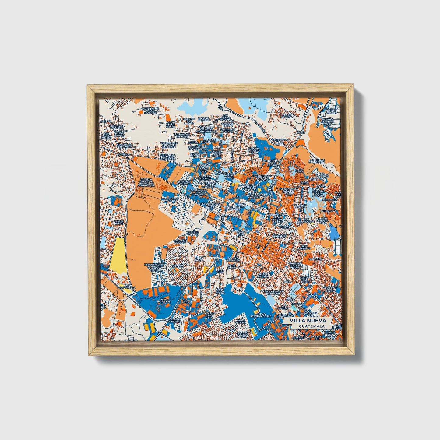 Villa Nueva Guatemala Colorful City Map Canvas Print • Natural Wooden Framed