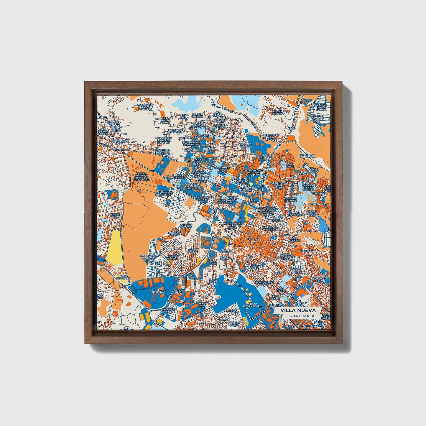 Villa Nueva Guatemala Colorful City Map Canvas Print • Dark Wooden Framed
