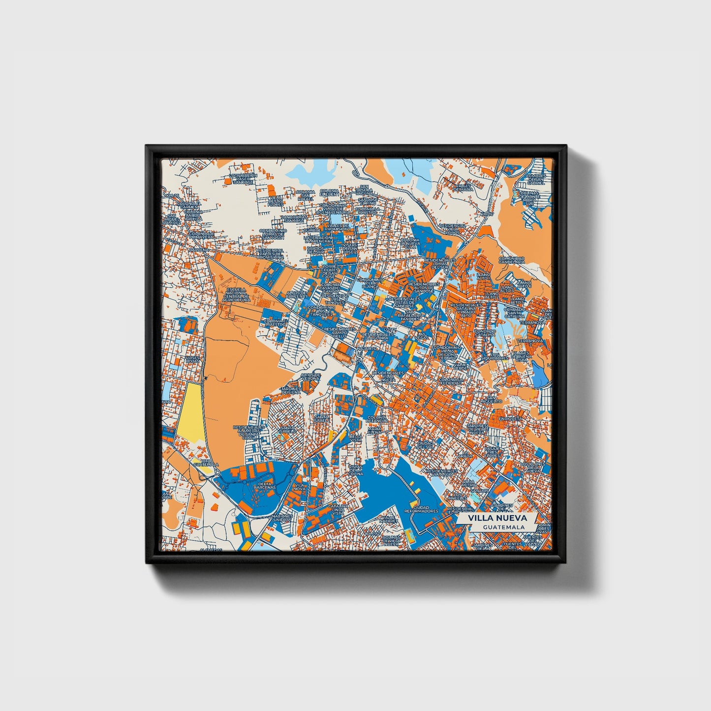 Villa Nueva Guatemala Colorful City Map Canvas Print • Black Framed