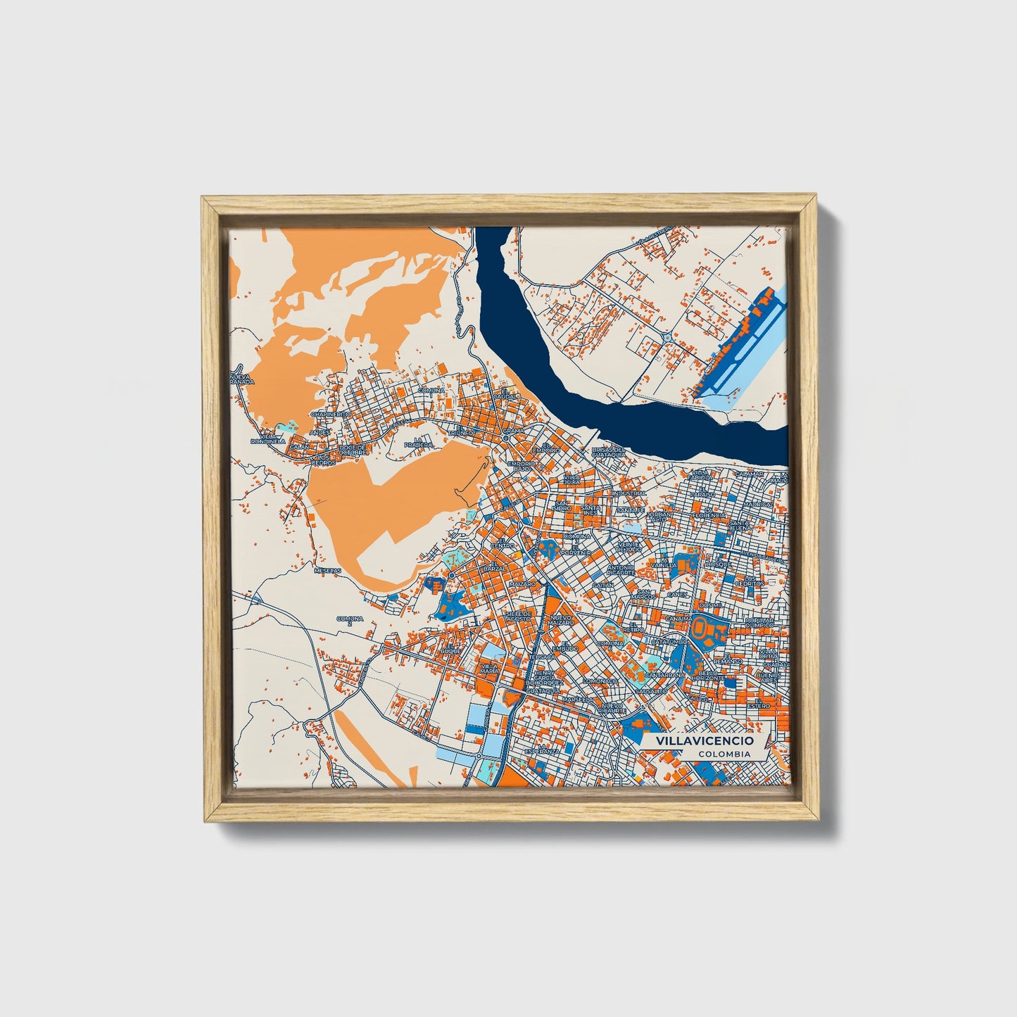 Villavicencio Colombia Colorful City Map Canvas Print • Natural Wooden Framed