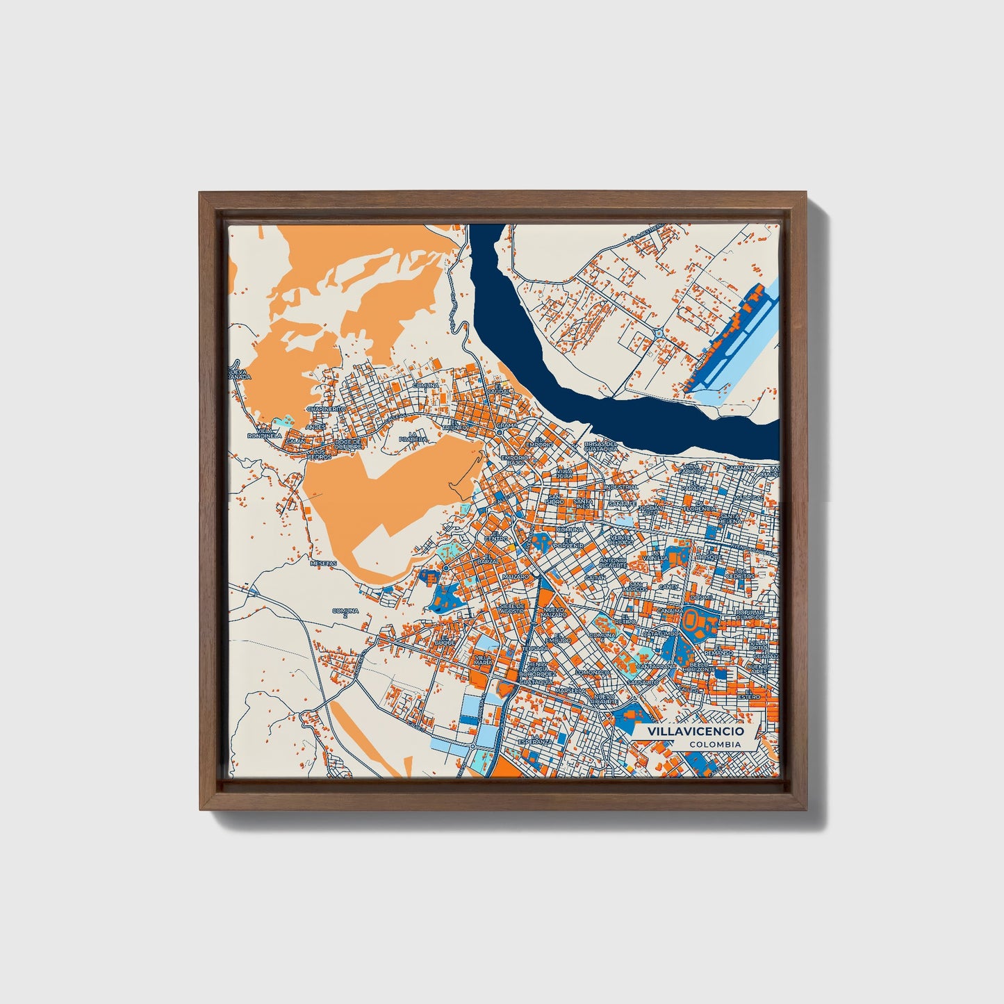 Villavicencio Colombia Colorful City Map Canvas Print • Dark Wooden Framed