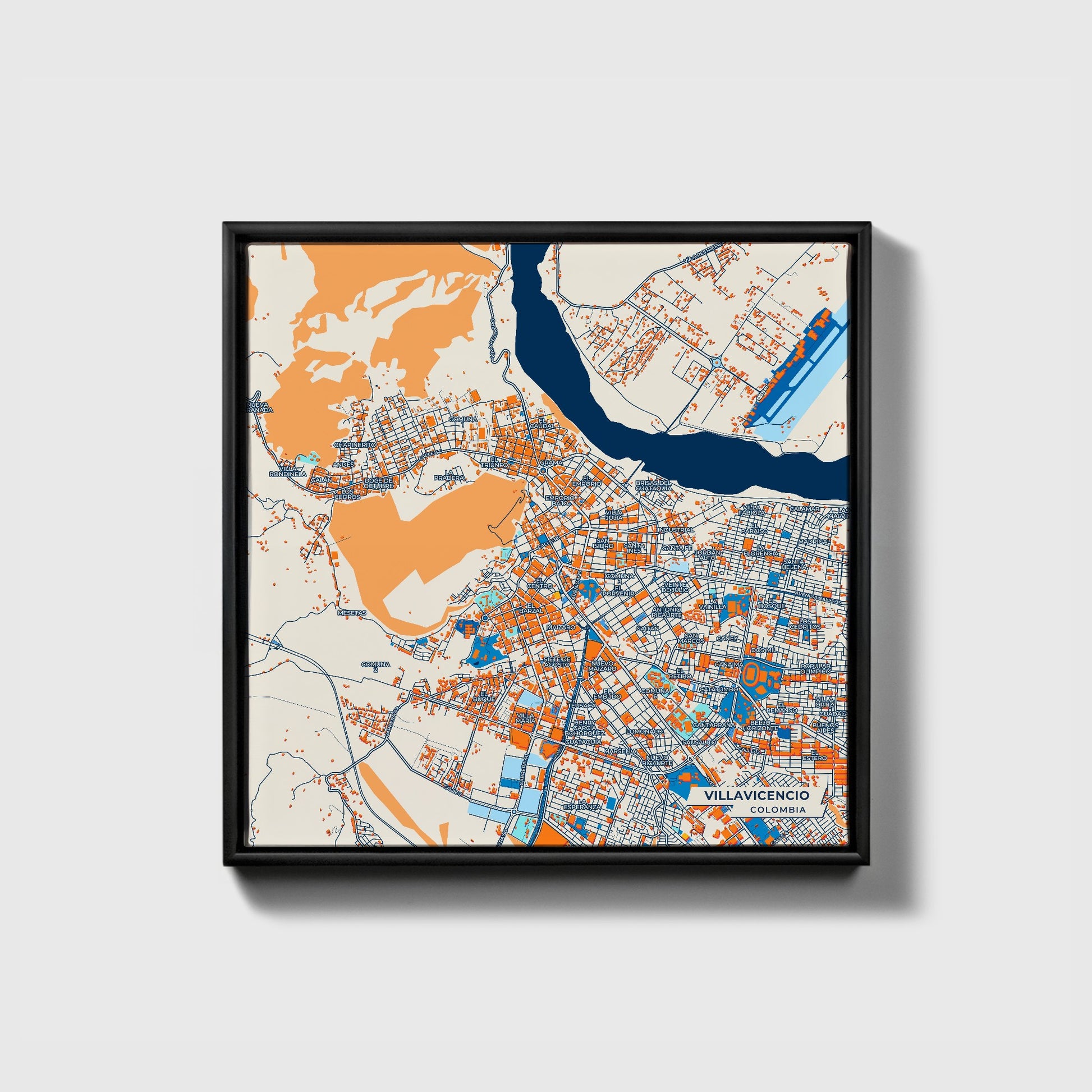 Villavicencio Colombia Colorful City Map Canvas Print • Black Framed