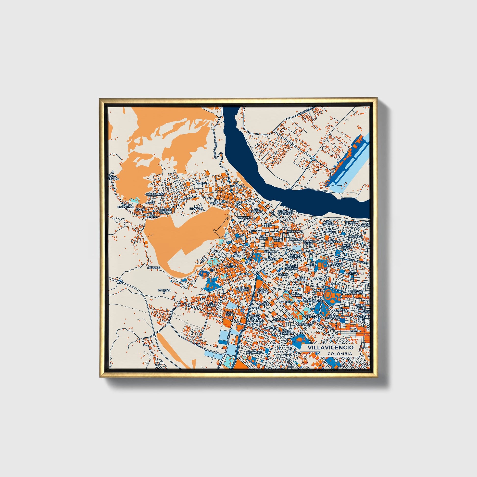 Villavicencio Colombia Colorful City Map Canvas Print • Gold Framed