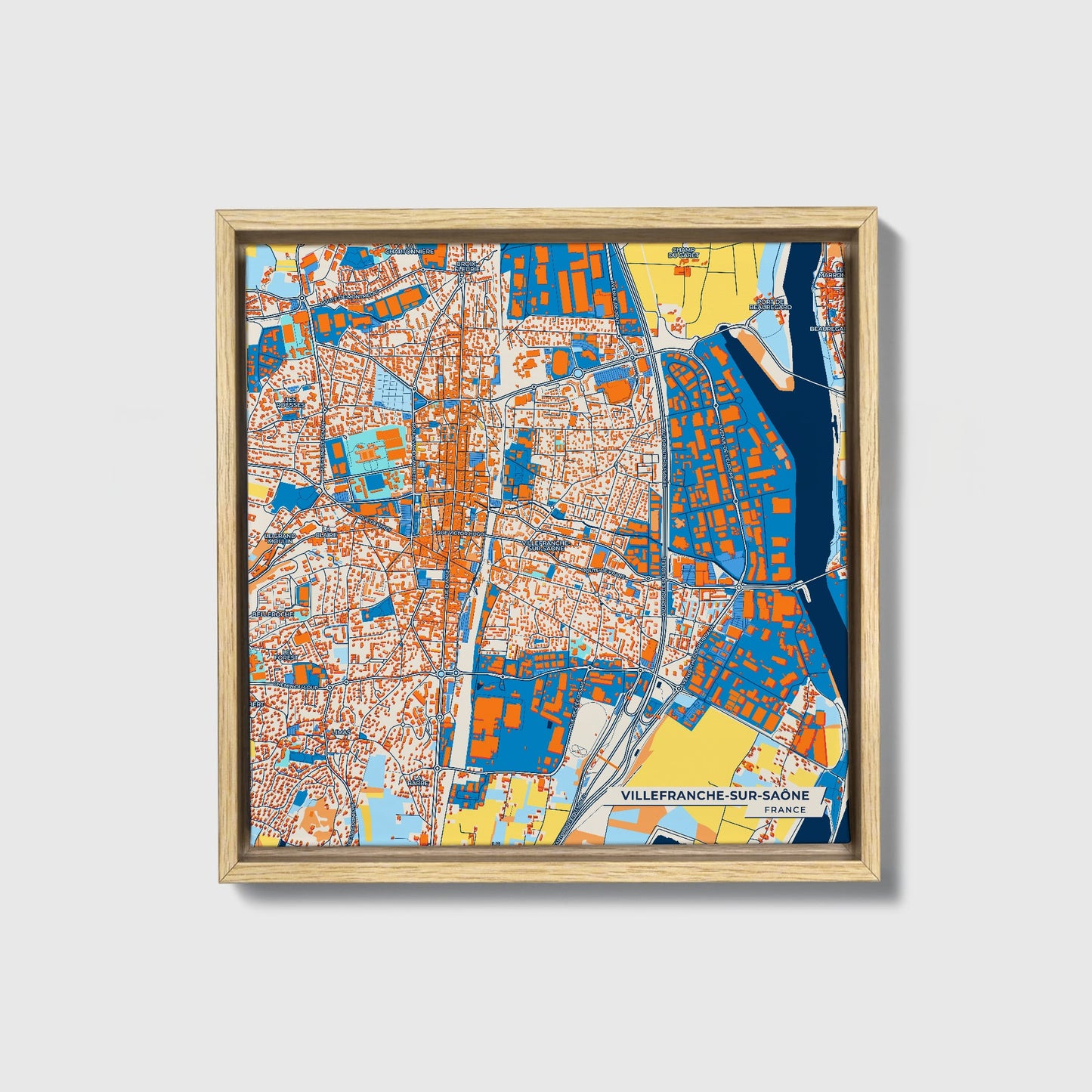 Villefranche-Sur-Saône France Colorful City Map Canvas Print • Natural Wooden Framed