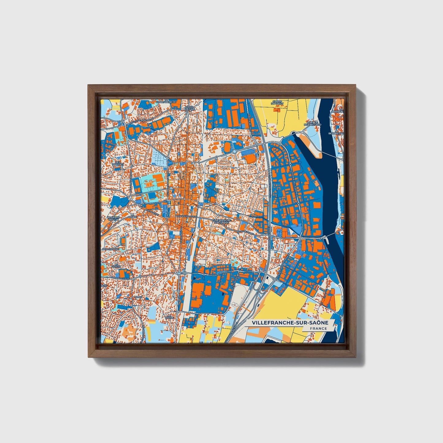 Villefranche-Sur-Saône France Colorful City Map Canvas Print • Dark Wooden Framed