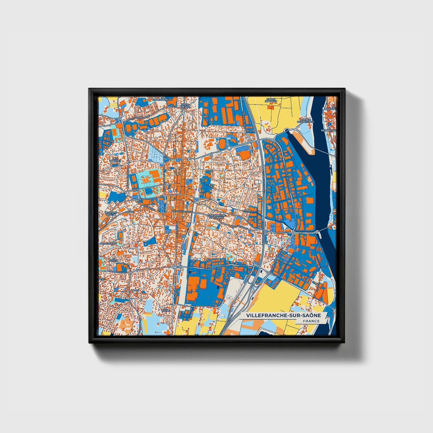 Villefranche-Sur-Saône France Colorful City Map Canvas Print • Black Framed