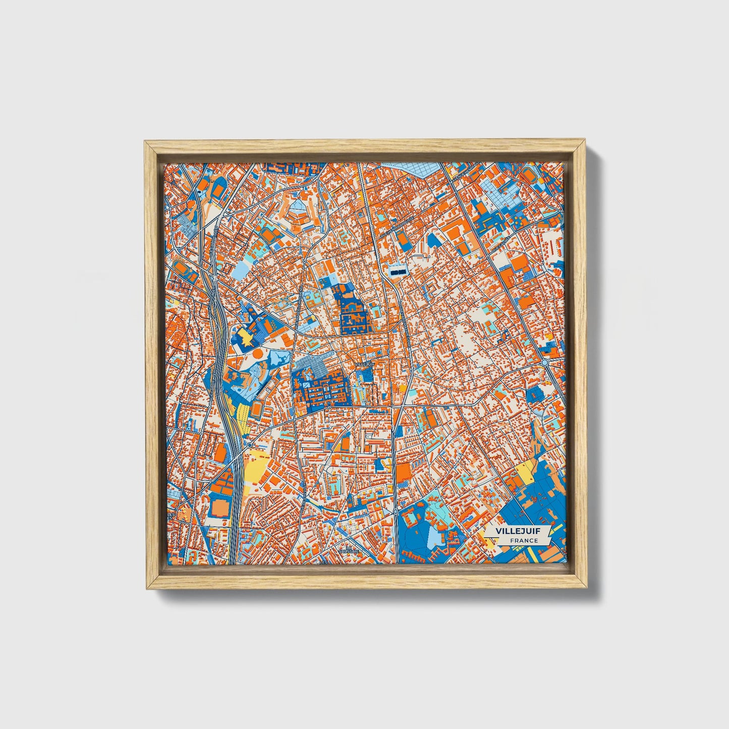 Villejuif France Colorful City Map Canvas Print • Natural Wooden Framed