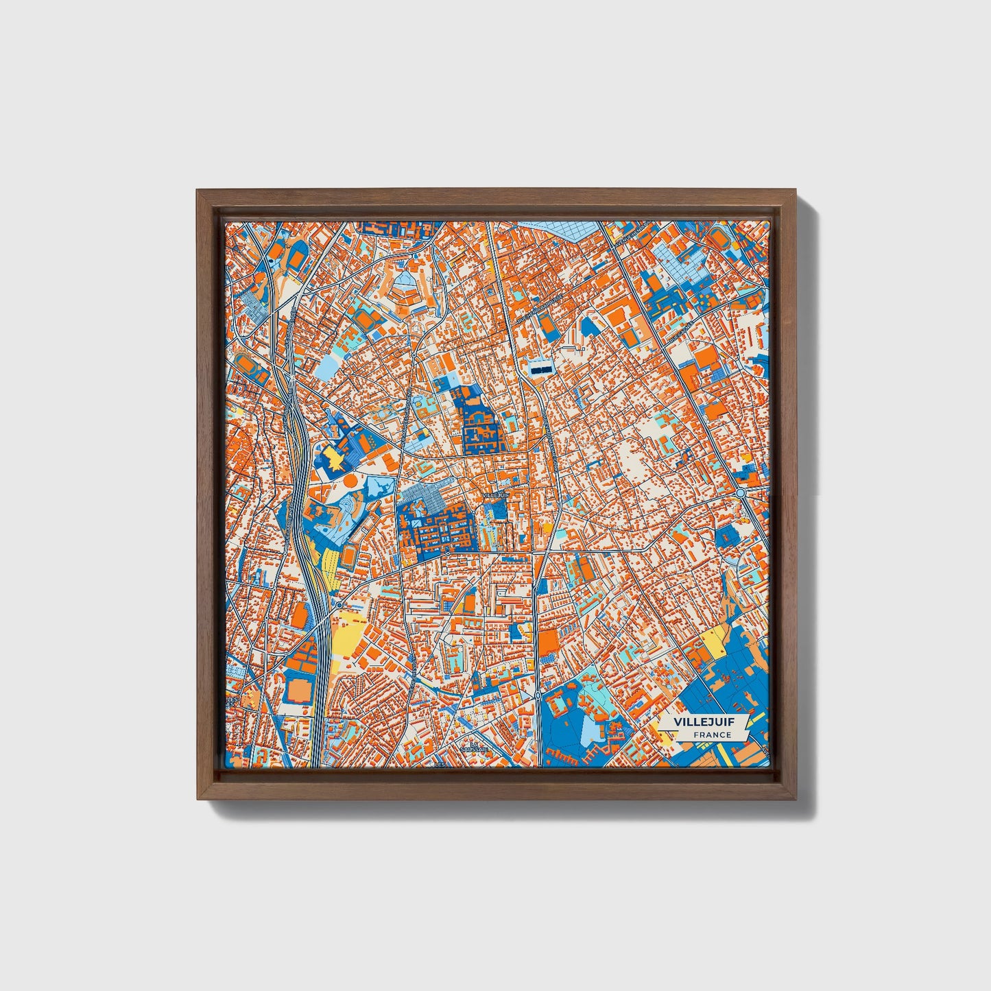 Villejuif France Colorful City Map Canvas Print • Dark Wooden Framed