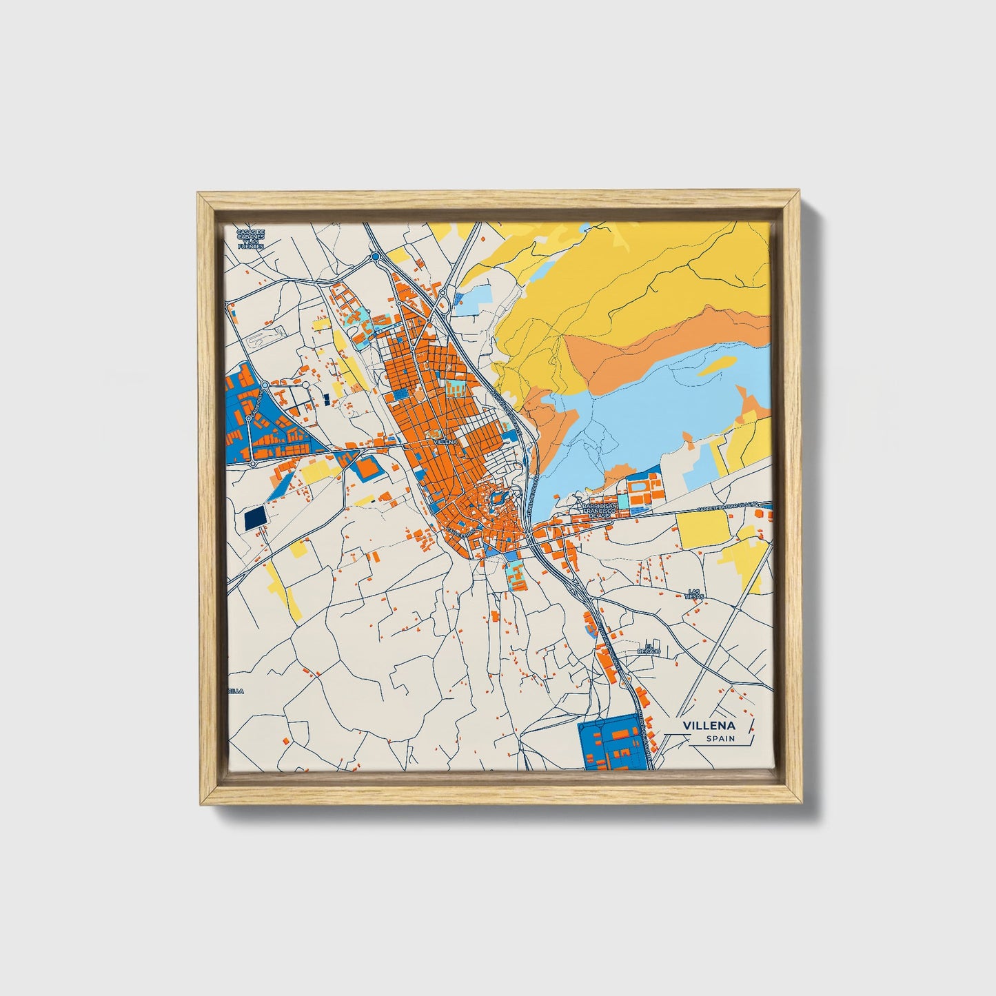 Villena Spain Colorful City Map Canvas Print • Natural Wooden Framed