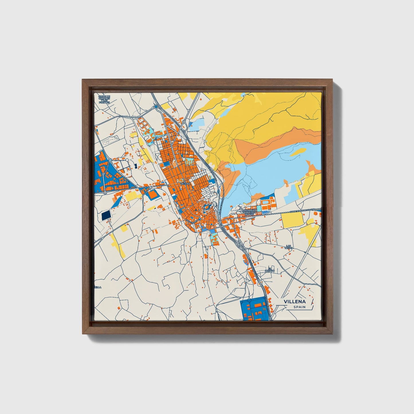 Villena Spain Colorful City Map Canvas Print • Dark Wooden Framed