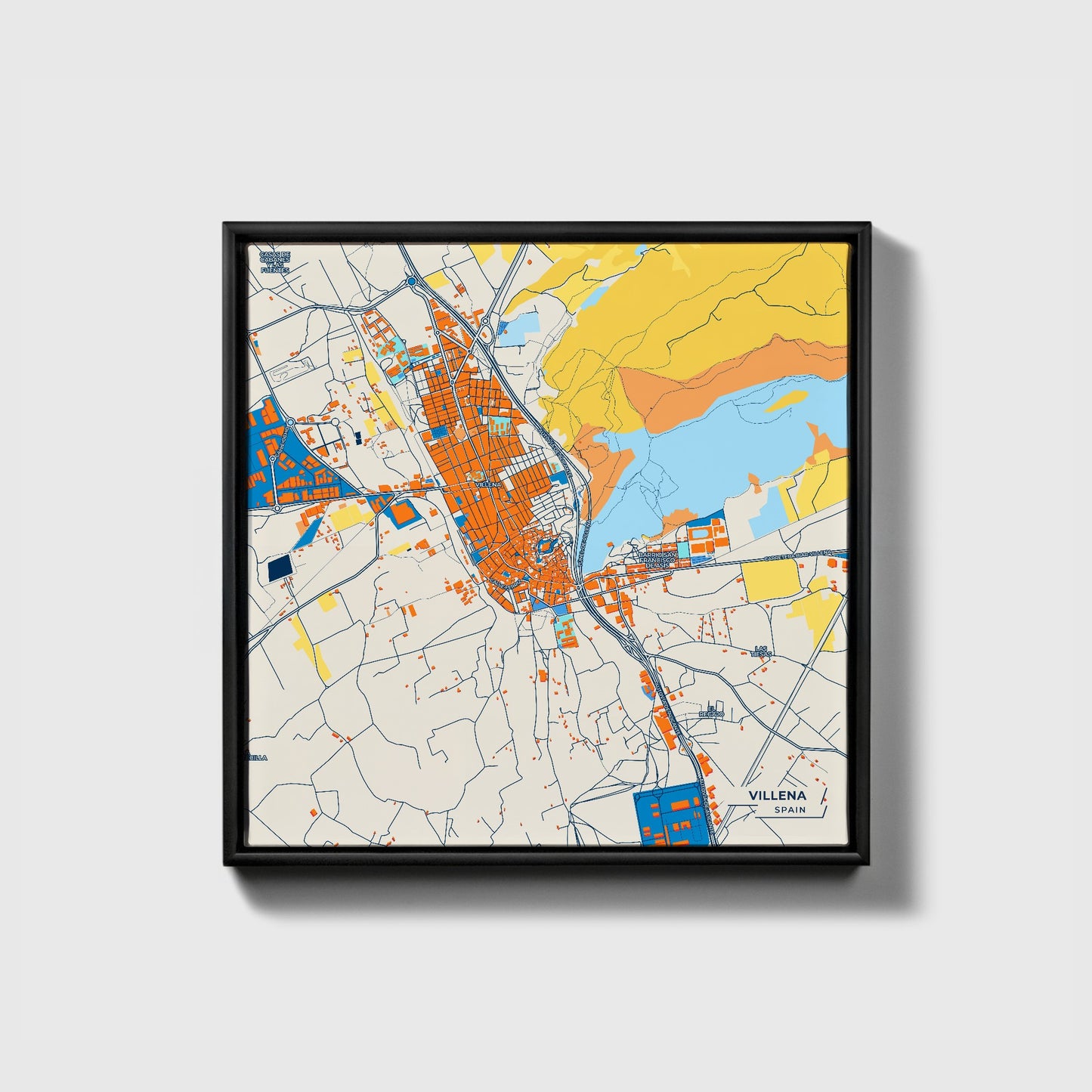 Villena Spain Colorful City Map Canvas Print • Black Framed