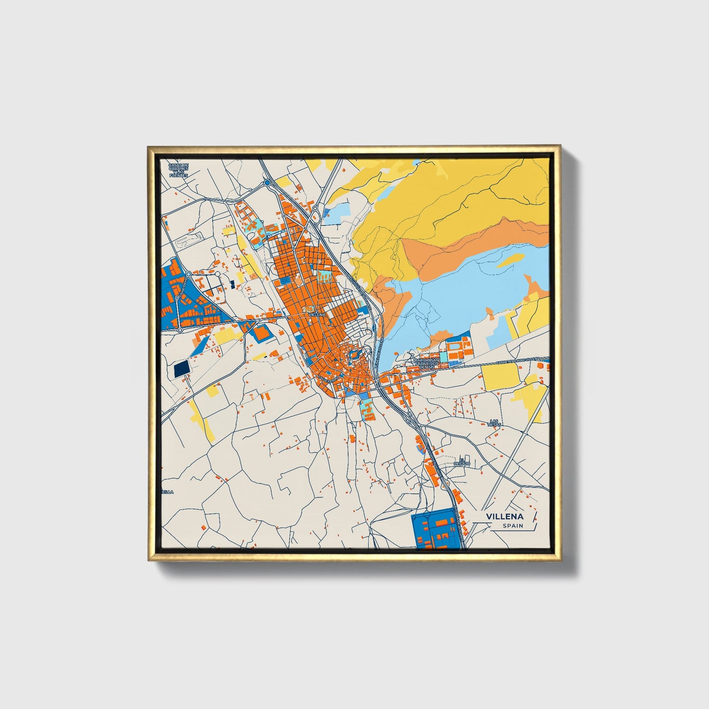 Villena Spain Colorful City Map Canvas Print • Gold Framed