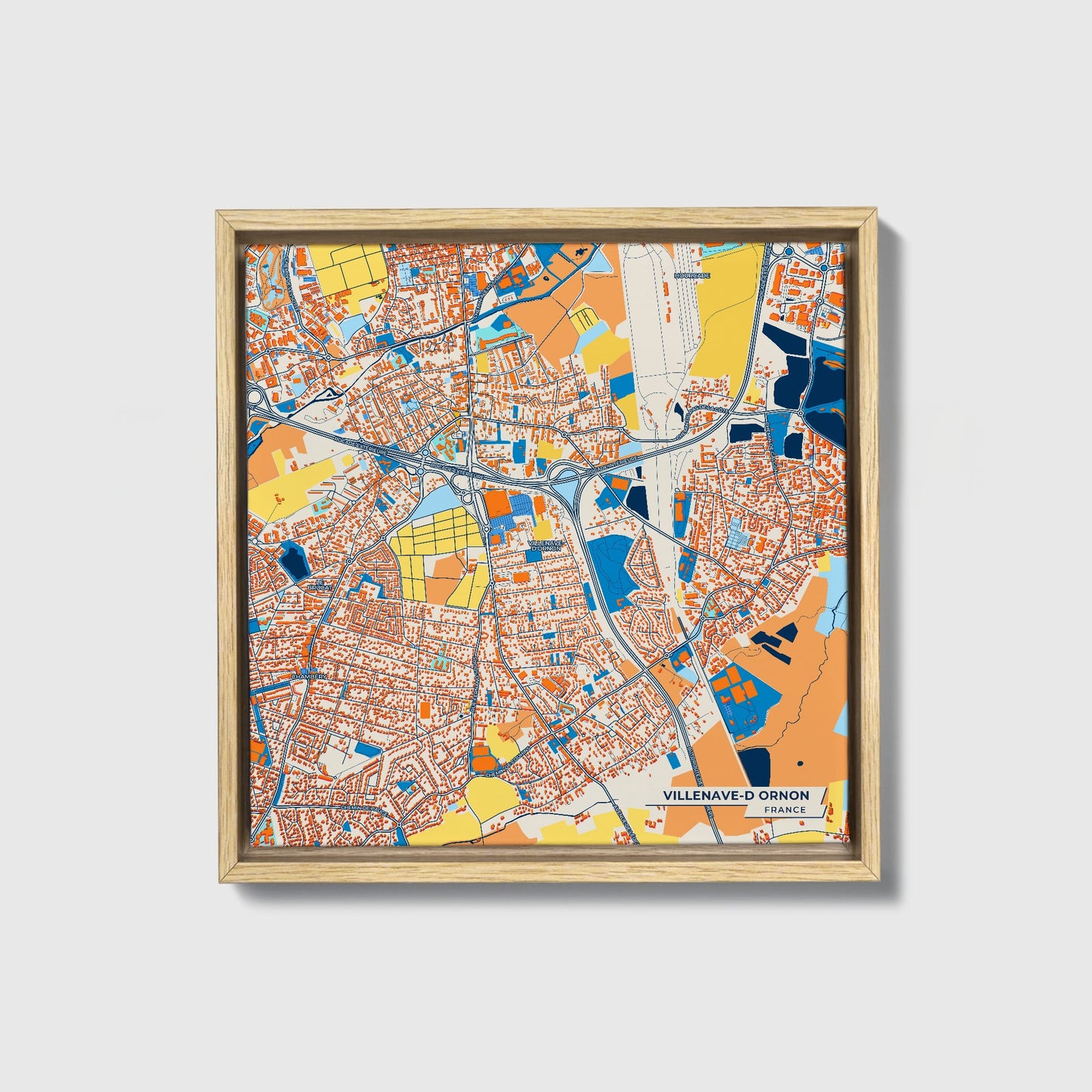 Villenave-D Ornon France Colorful City Map Canvas Print • Natural Wooden Framed