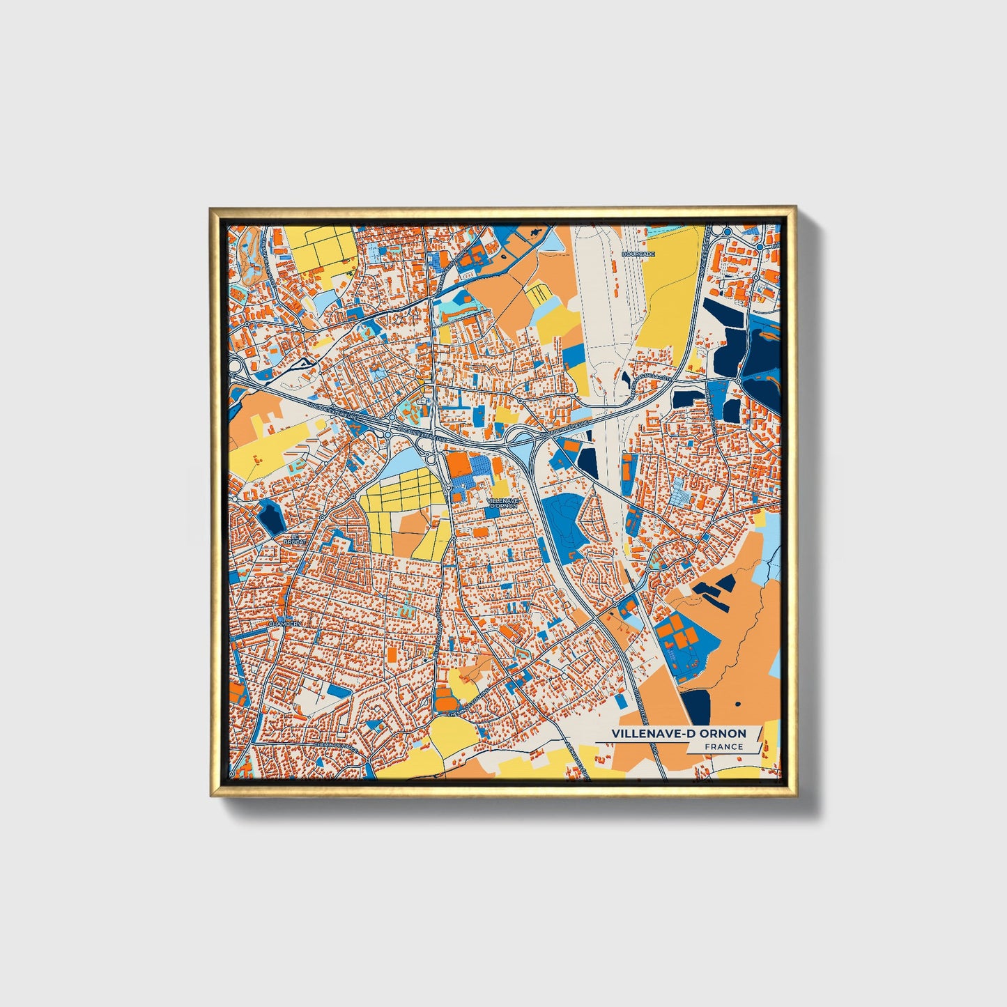 Villenave-D Ornon France Colorful City Map Canvas Print • Gold Framed