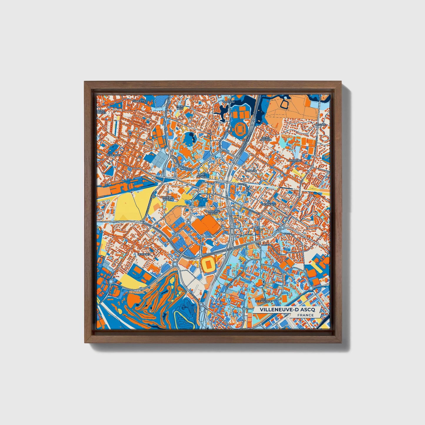 Villeneuve-D Ascq France Colorful City Map Canvas Print • Dark Wooden Framed