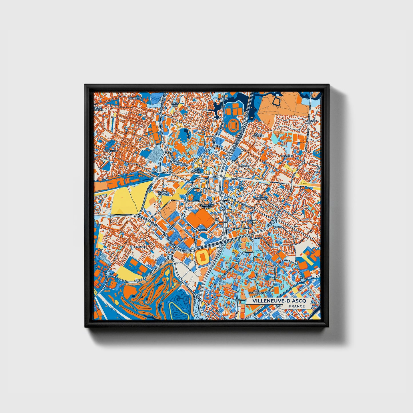 Villeneuve-D Ascq France Colorful City Map Canvas Print • Black Framed