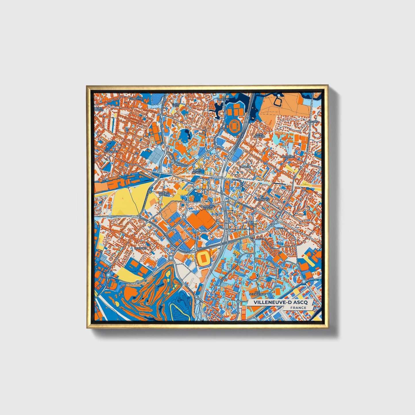 Villeneuve-D Ascq France Colorful City Map Canvas Print • Gold Framed
