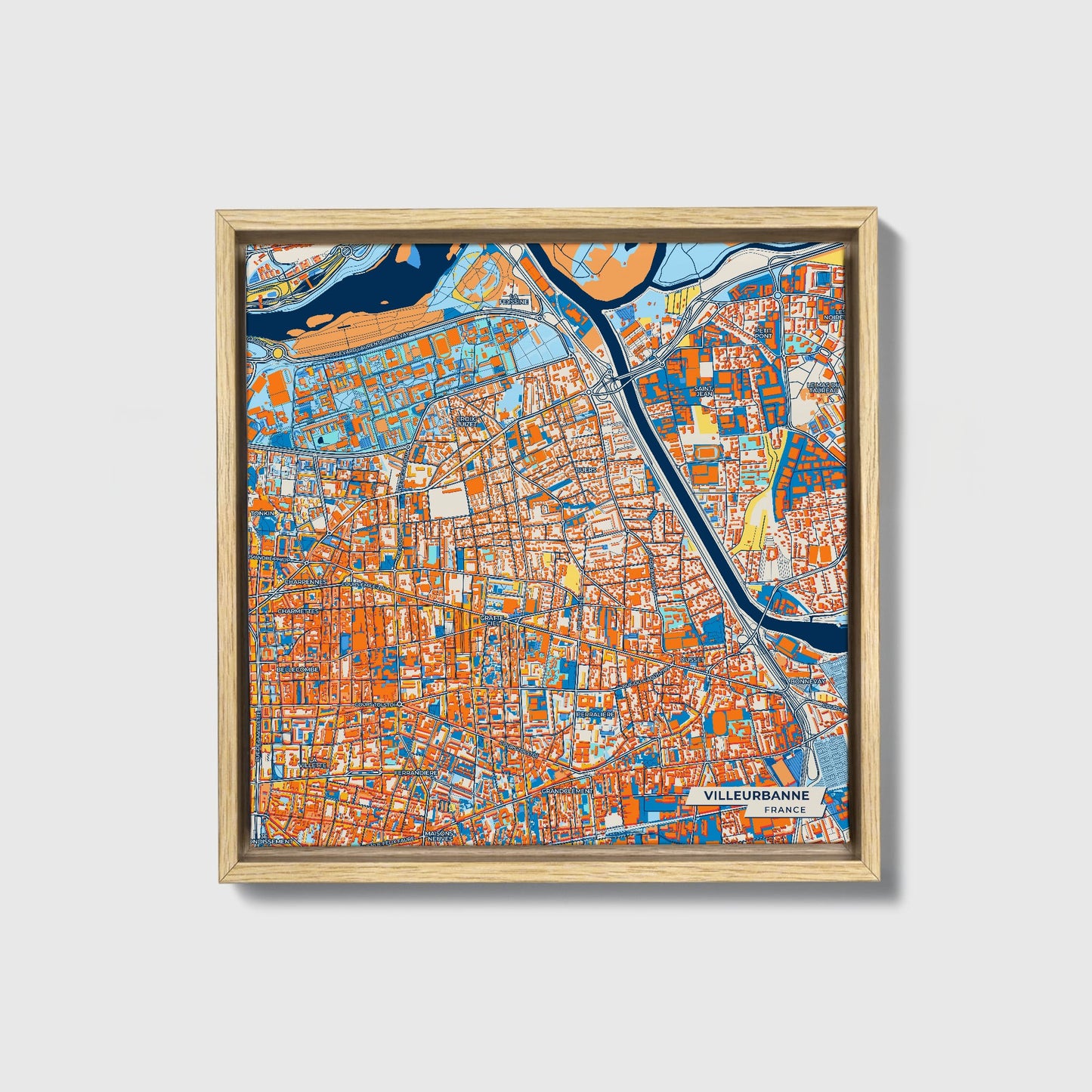 Villeurbanne France Colorful City Map Canvas Print • Natural Wooden Framed