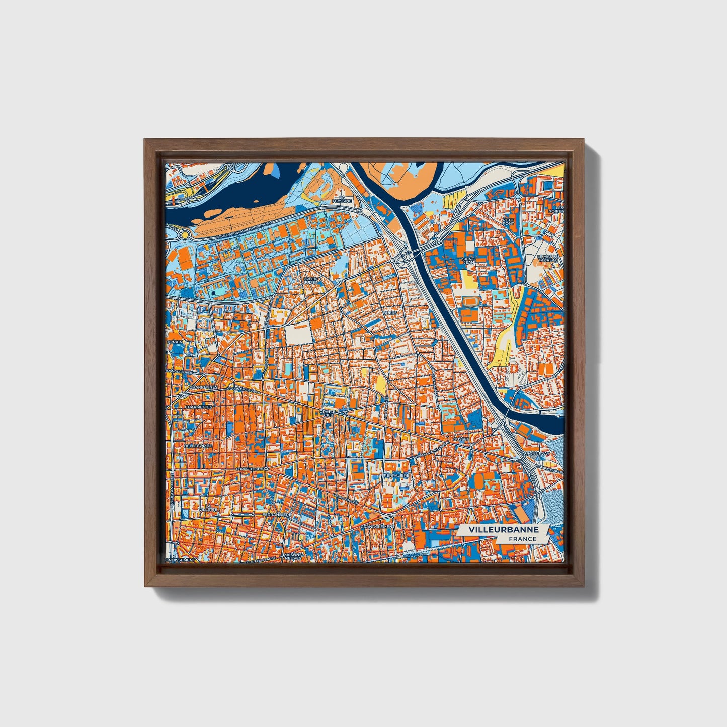 Villeurbanne France Colorful City Map Canvas Print • Dark Wooden Framed
