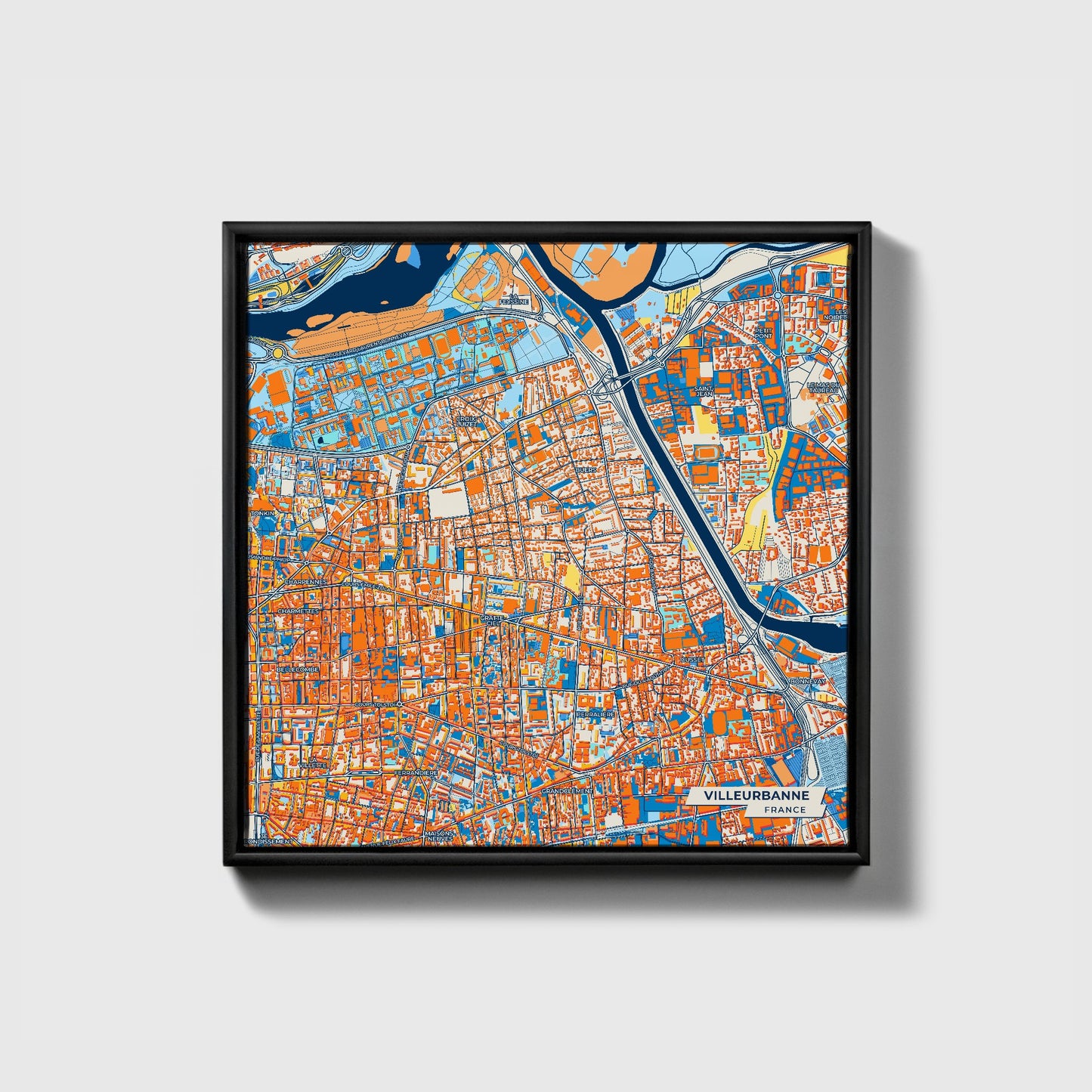 Villeurbanne France Colorful City Map Canvas Print • Black Framed