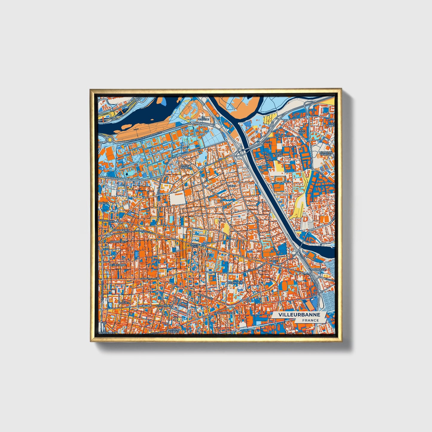 Villeurbanne France Colorful City Map Canvas Print • Gold Framed